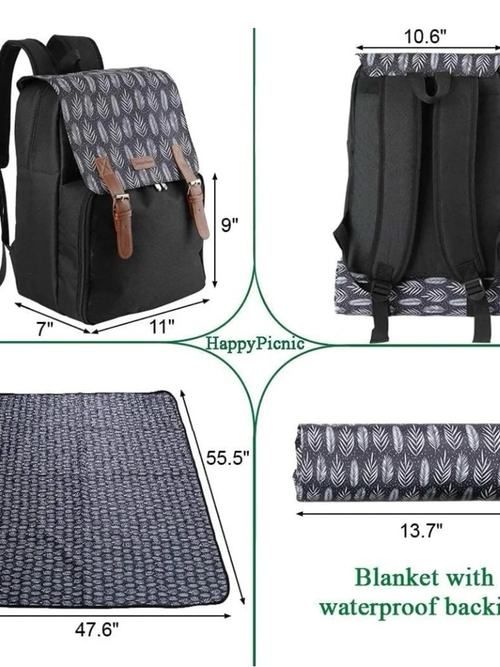 Insulated Black Patterned Picnic Wine Set Backpack with Glasses and Cutlery